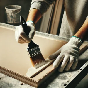 The person is holding a brush and spreading the primer evenly along the edges of the MDF panel. The setting is a workshop or home interior, with the focus on the priming process. The person is wearing gloves for safety.