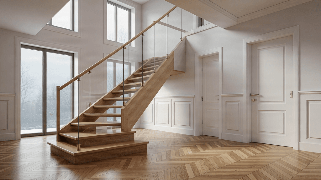 Modern house interior with staircase, flooring, and doors for hotspot background